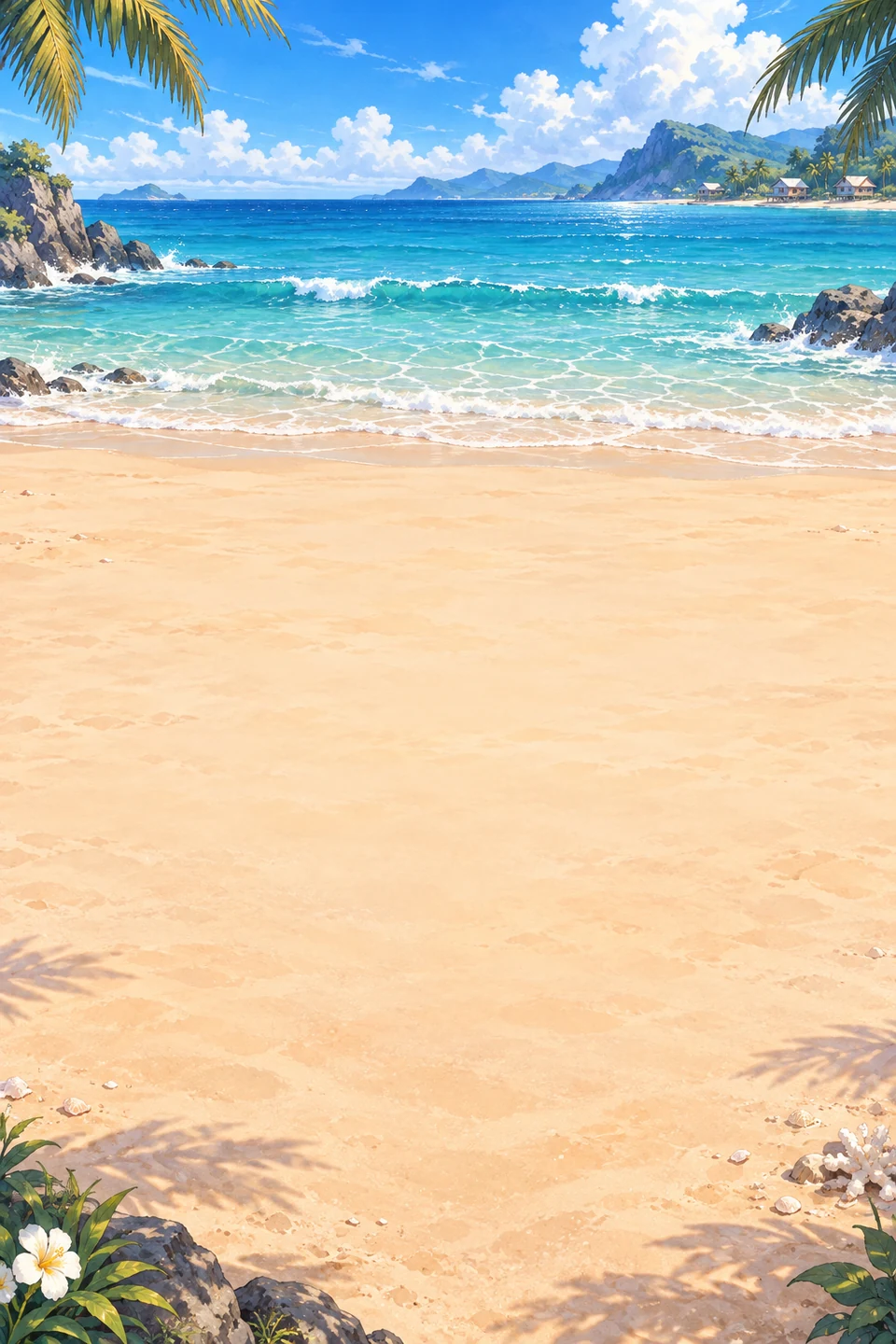 Sunlit beach court beside turquoise water